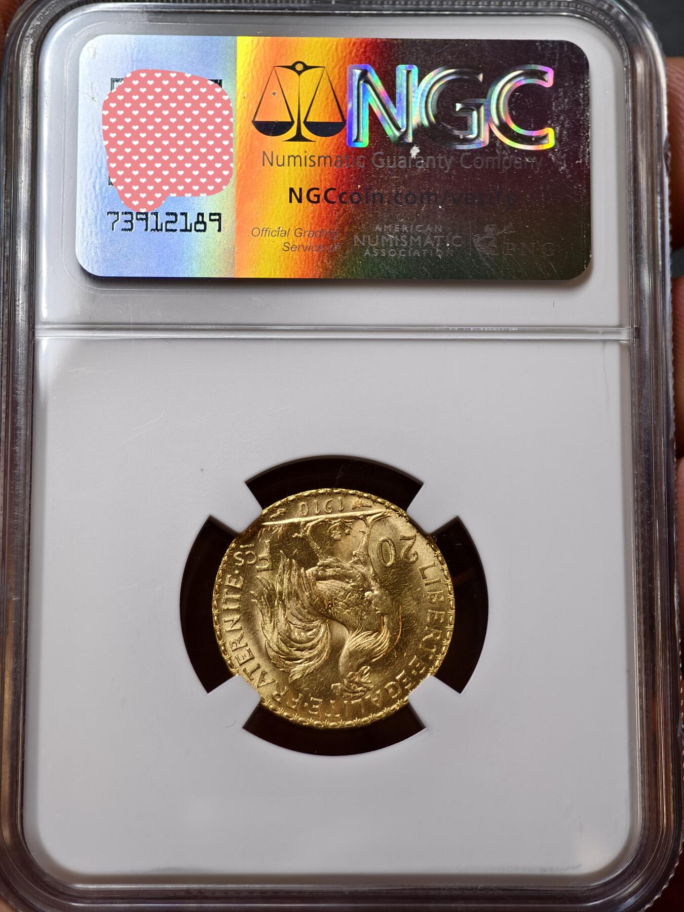 NGC-MS65法国1910年高卢雄鸡玛丽安娜20法郎金币