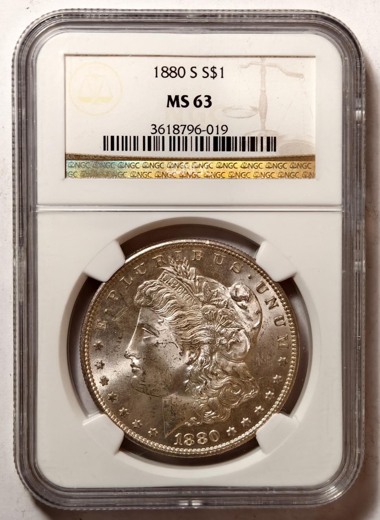 紫瑗钱币——第462期 美国 1880年 S版 摩根 大头妹1美元 银币 NGC  MS63