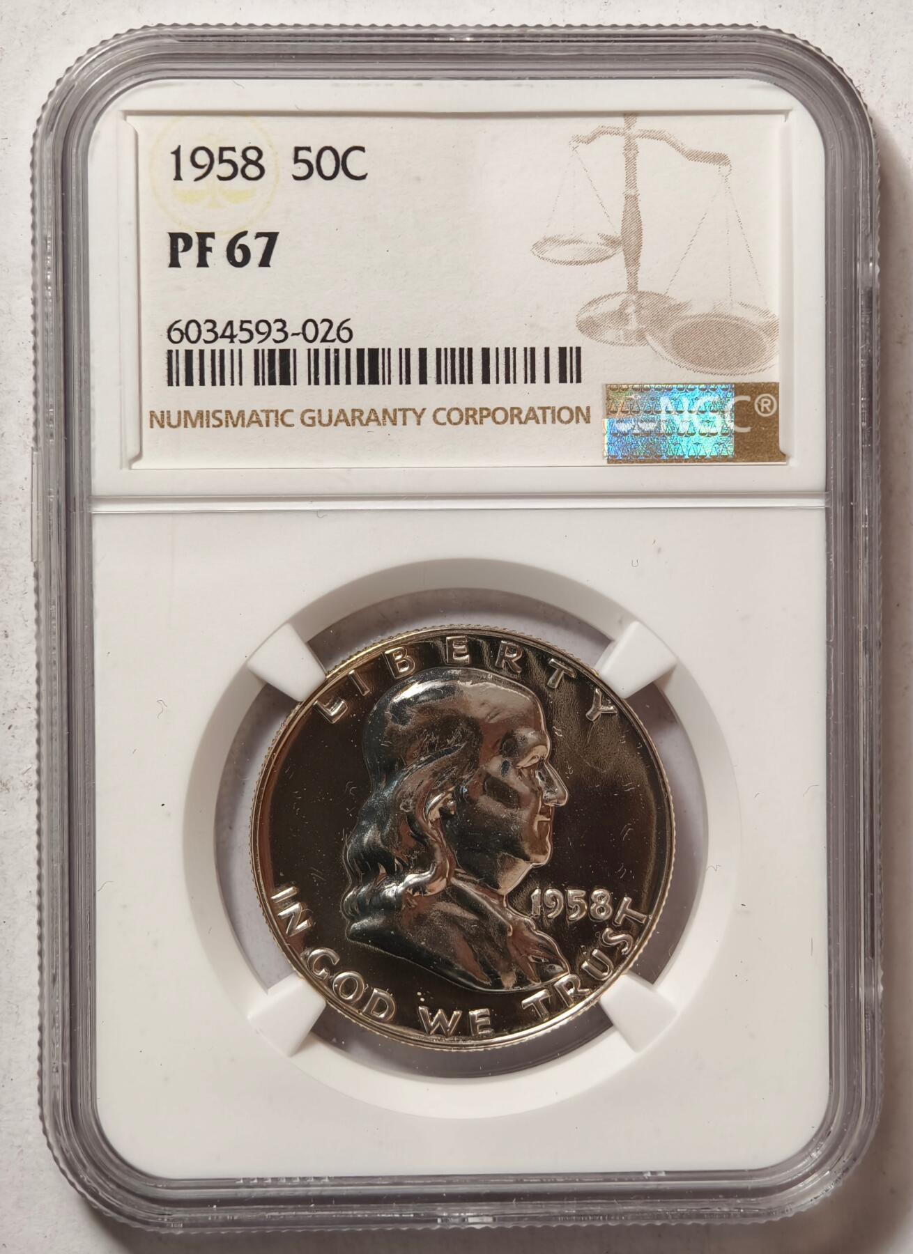 紫瑗钱币——第462期 美国 1958年 富兰克林 50美分 半美元 12.5克 0.9银 NGC PF67