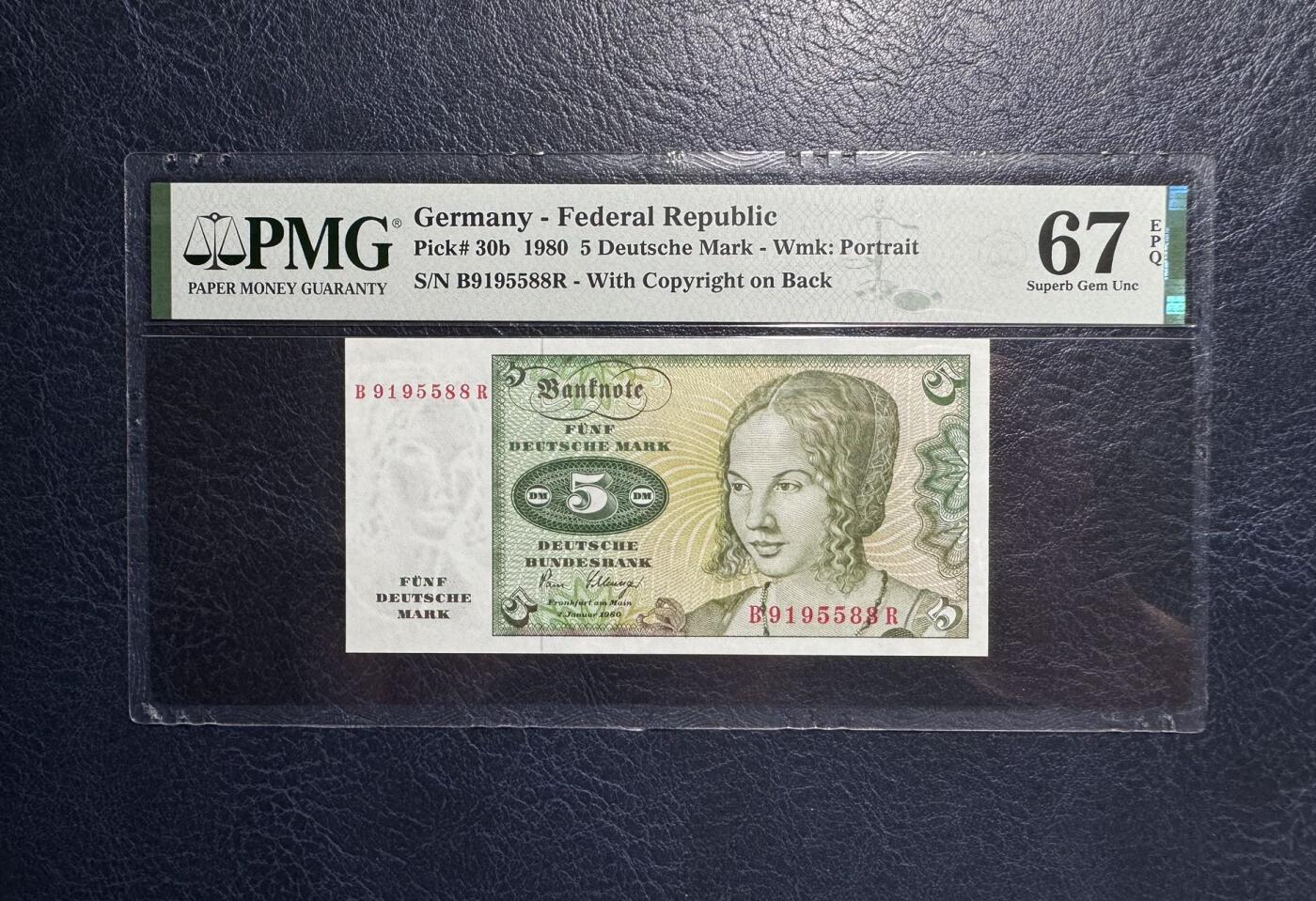 收藏联盟Quantum Auction 第385期拍卖  德国联邦1980年5马克 PMG67 号码无347尾88