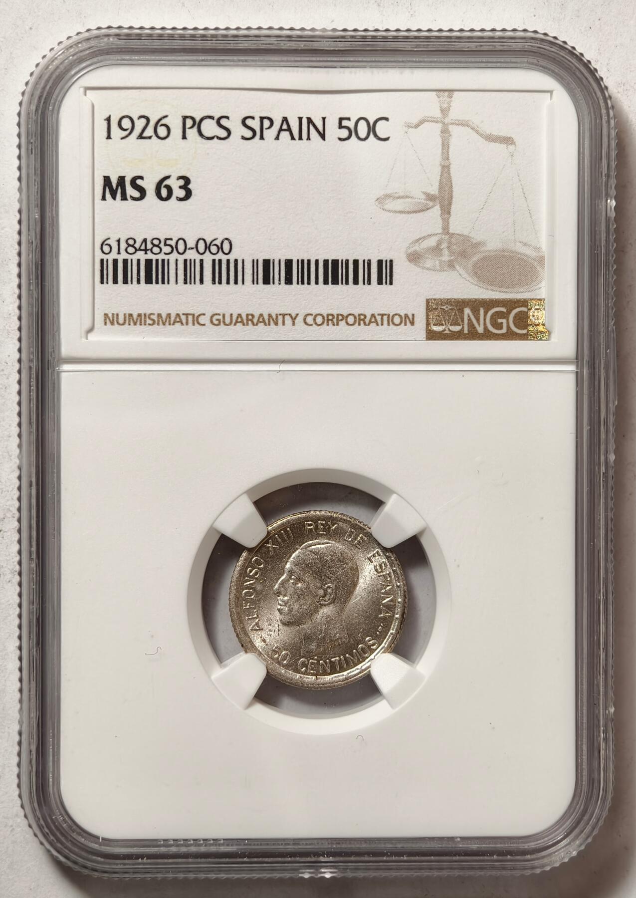 紫瑗钱币——第440期 西班牙 1926年 阿方索十三世 50分银币 NGC MS63