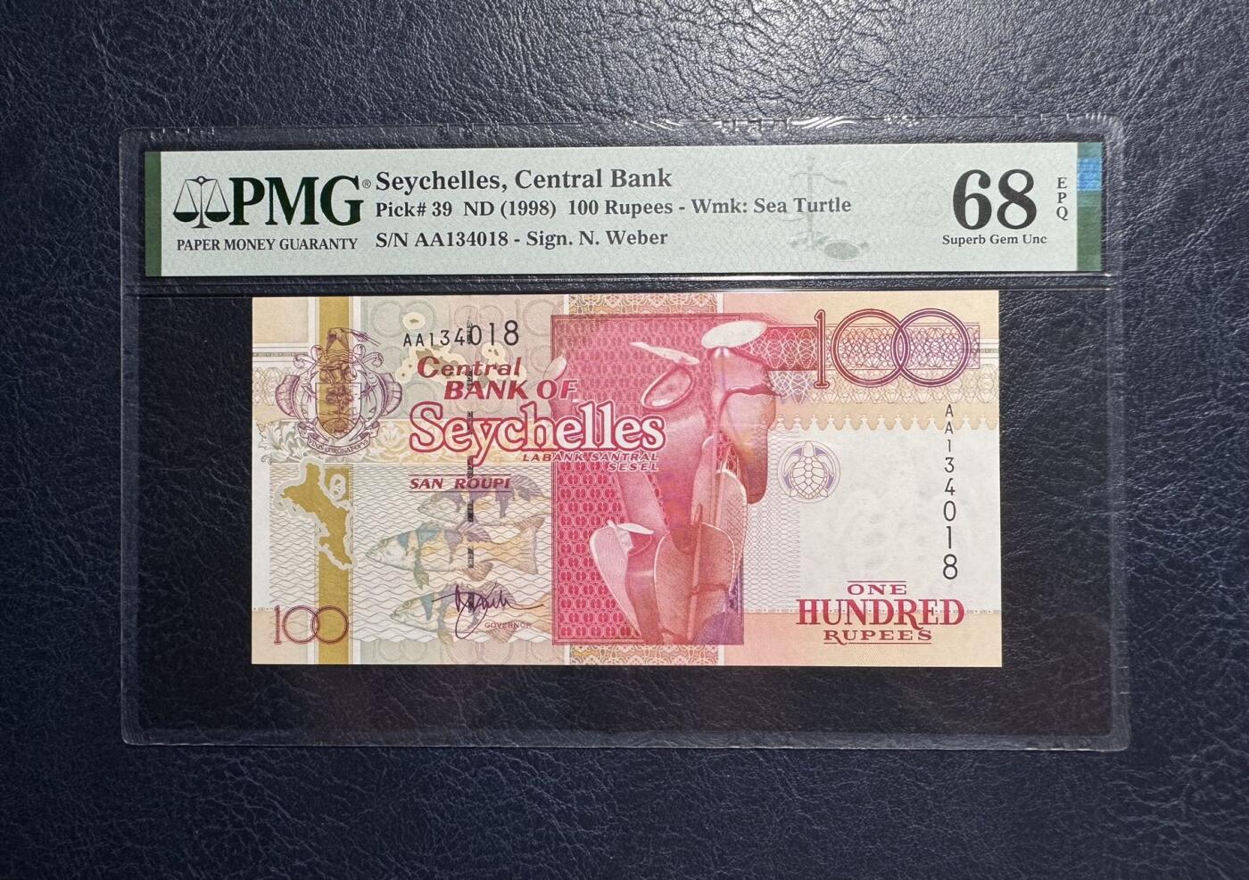 收藏联盟Quantum Auction 第385期拍卖  塞舌尔1998年100卢比首发AA冠 PMG68 大陆龟