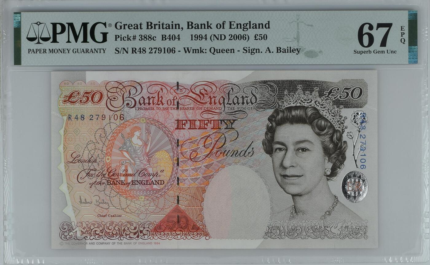 收藏联盟Quantum Auction 第385期拍卖  英国1994 (ND 2006)年50镑 PMG67 号码无4  英格兰银行首任总裁 霍布伦
