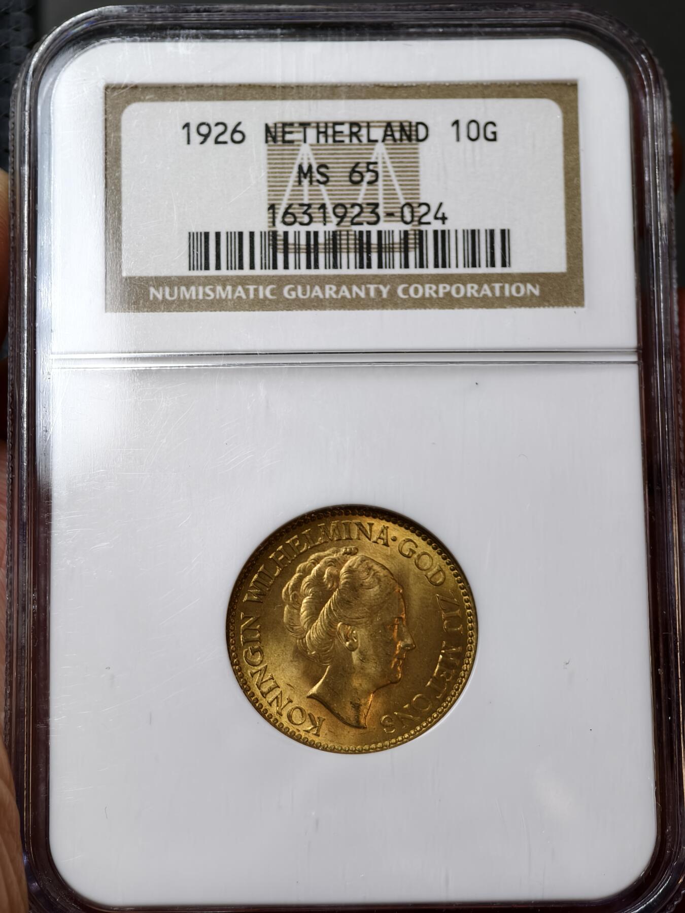 NGC-MS65荷兰1926年威廉明娜女王10盾金币