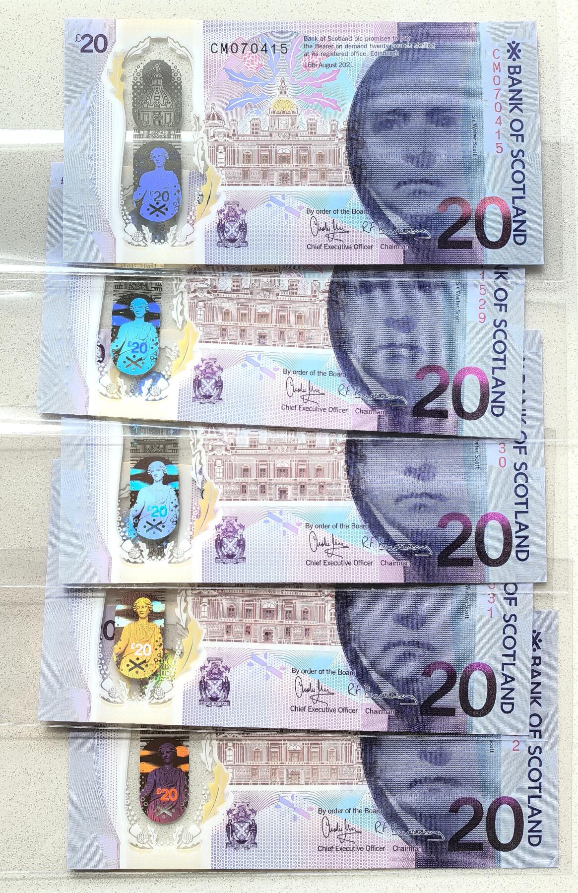 凡希社世界钱币微拍第二百八十六期 Scotland Bank全新挺版20镑塑料钞五枚一组