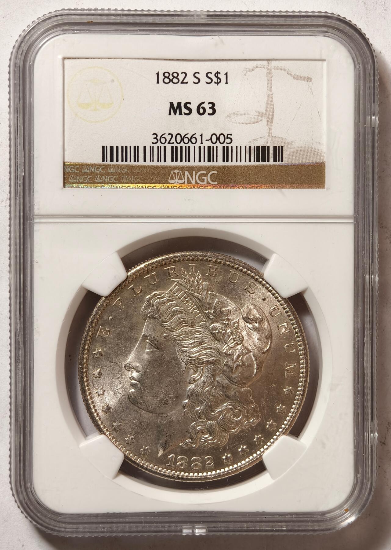 紫瑗钱币——第440期 美国 1882年 S版 摩根 大头妹1美元 银币 NGC  MS63