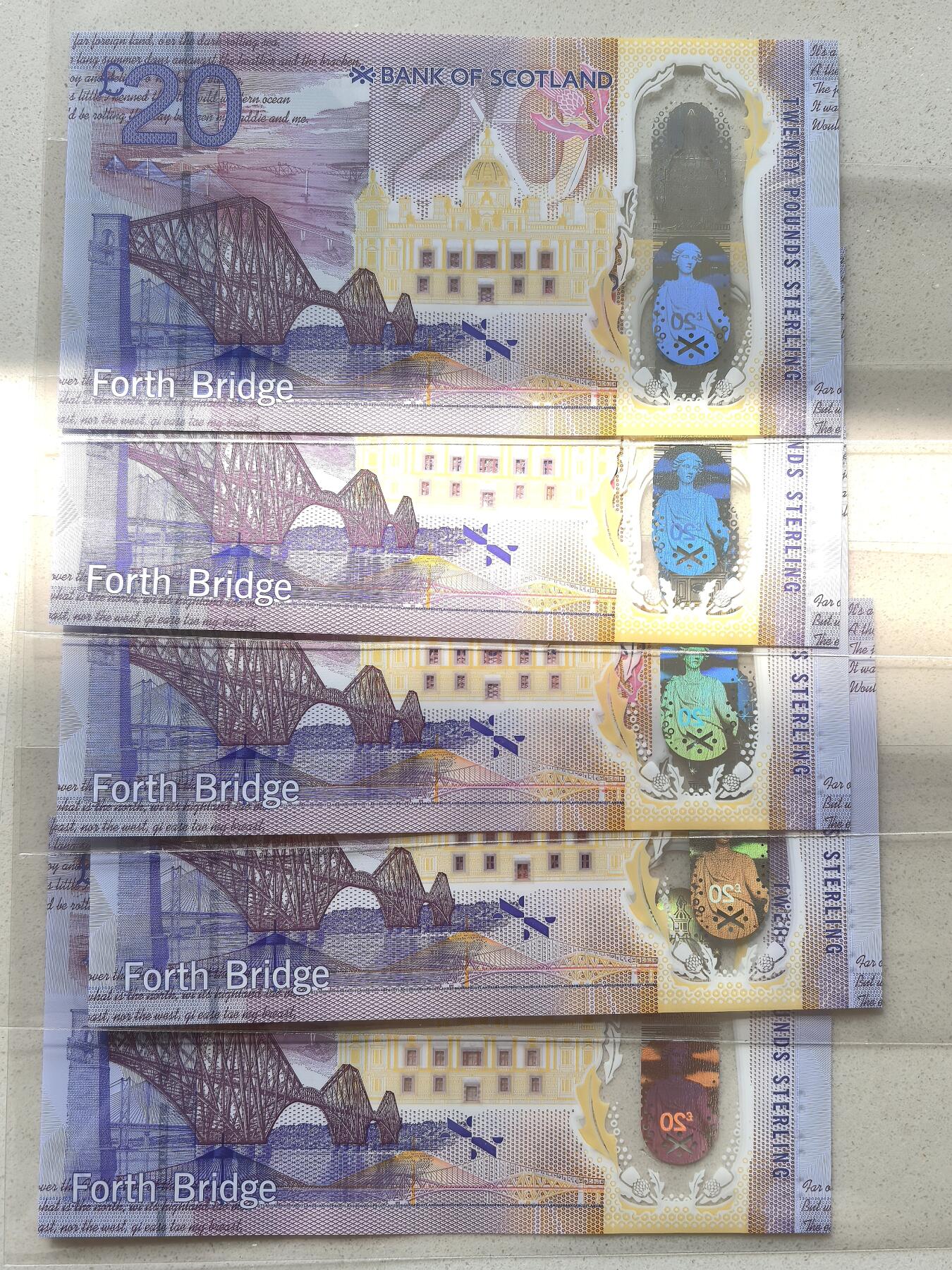 凡希社世界钱币微拍第二百八十六期 Scotland Bank全新挺版20镑塑料钞五枚一组