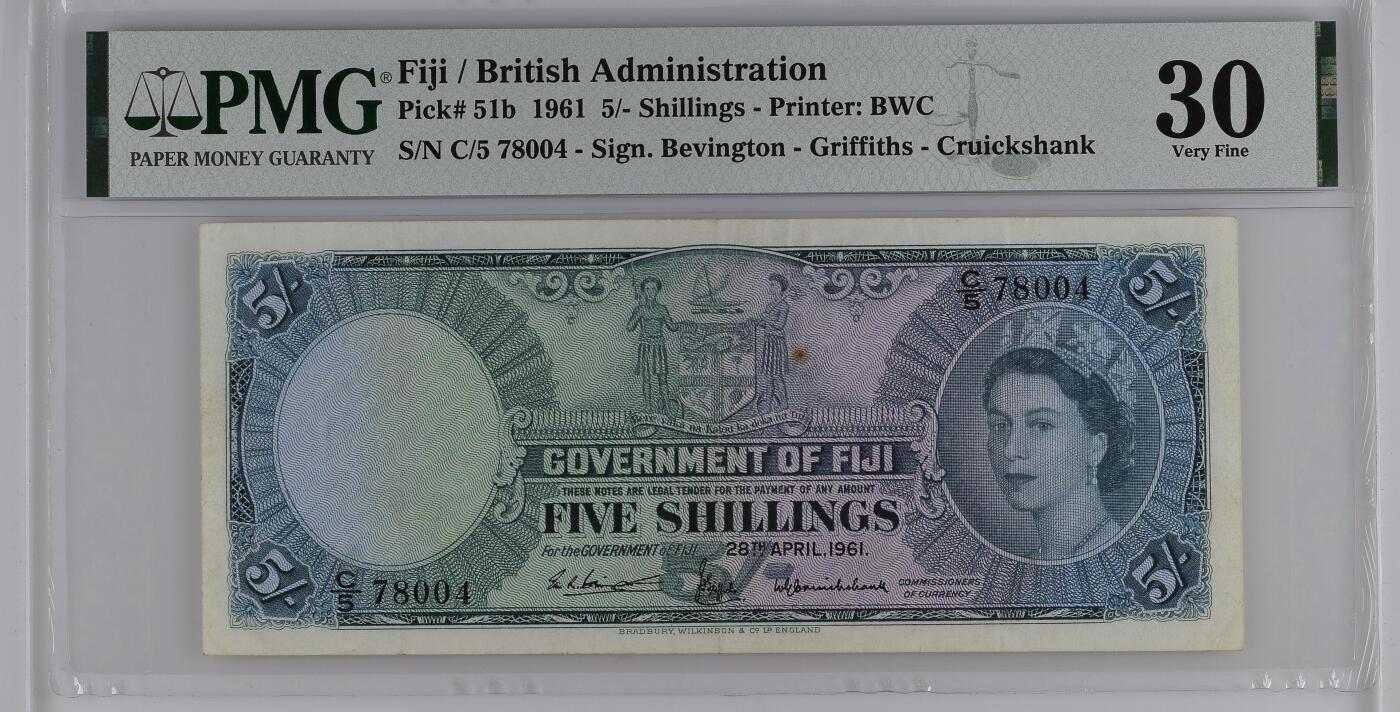 收藏联盟Quantum Auction 第385期拍卖  英属斐济1961年5先令 PMG30 Printer: BWC