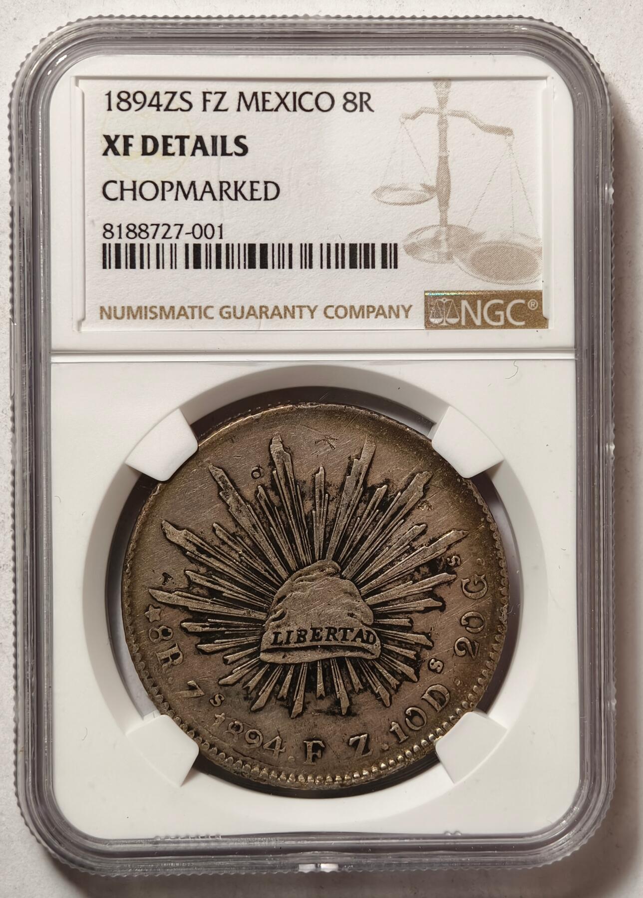 紫瑗钱币——第502期 墨西哥 1894年 ZS FZ 在华流通 花边鹰洋 8里亚尔 银币 NGC XF DETAIL