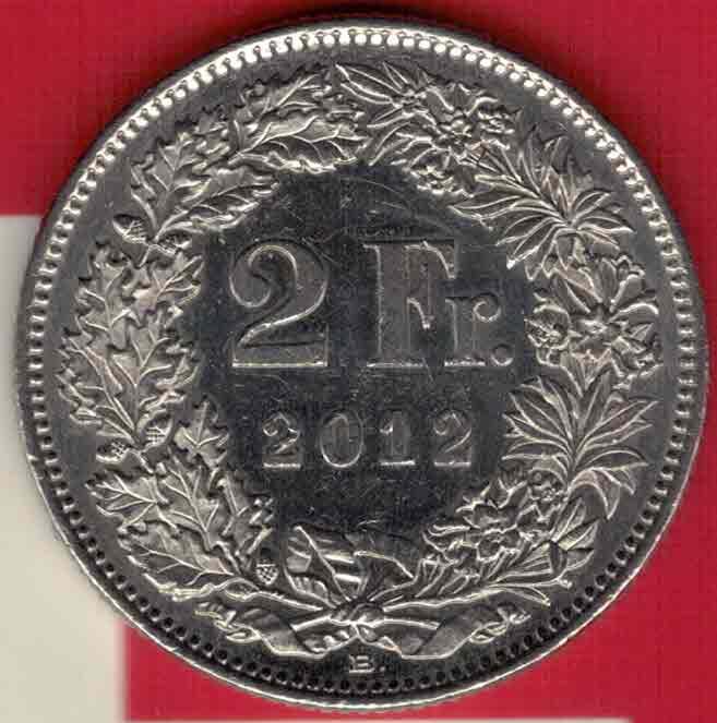 瑞士2012年2法郎 欧洲硬币 实物图 UNC-