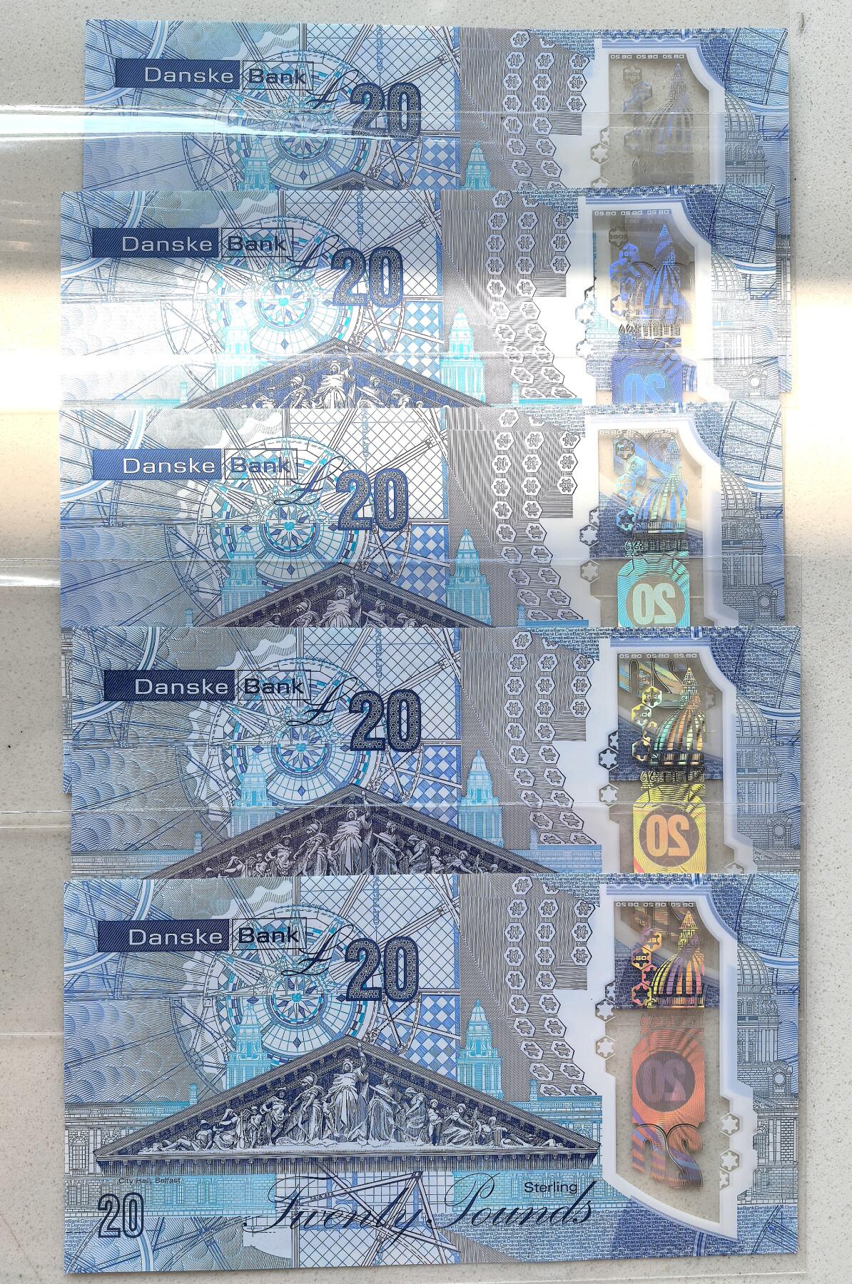 凡希社世界钱币微拍第二百八十六期 Dansk Bank全新挺版20镑塑料钞五枚一组