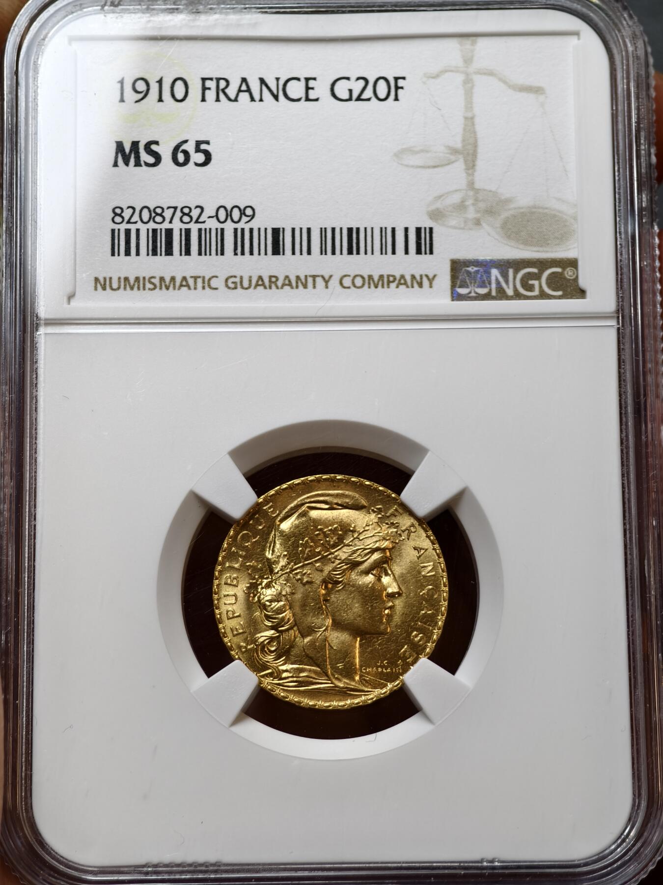 NGC-MS65法国1910年高卢雄鸡玛丽安娜20法郎金币