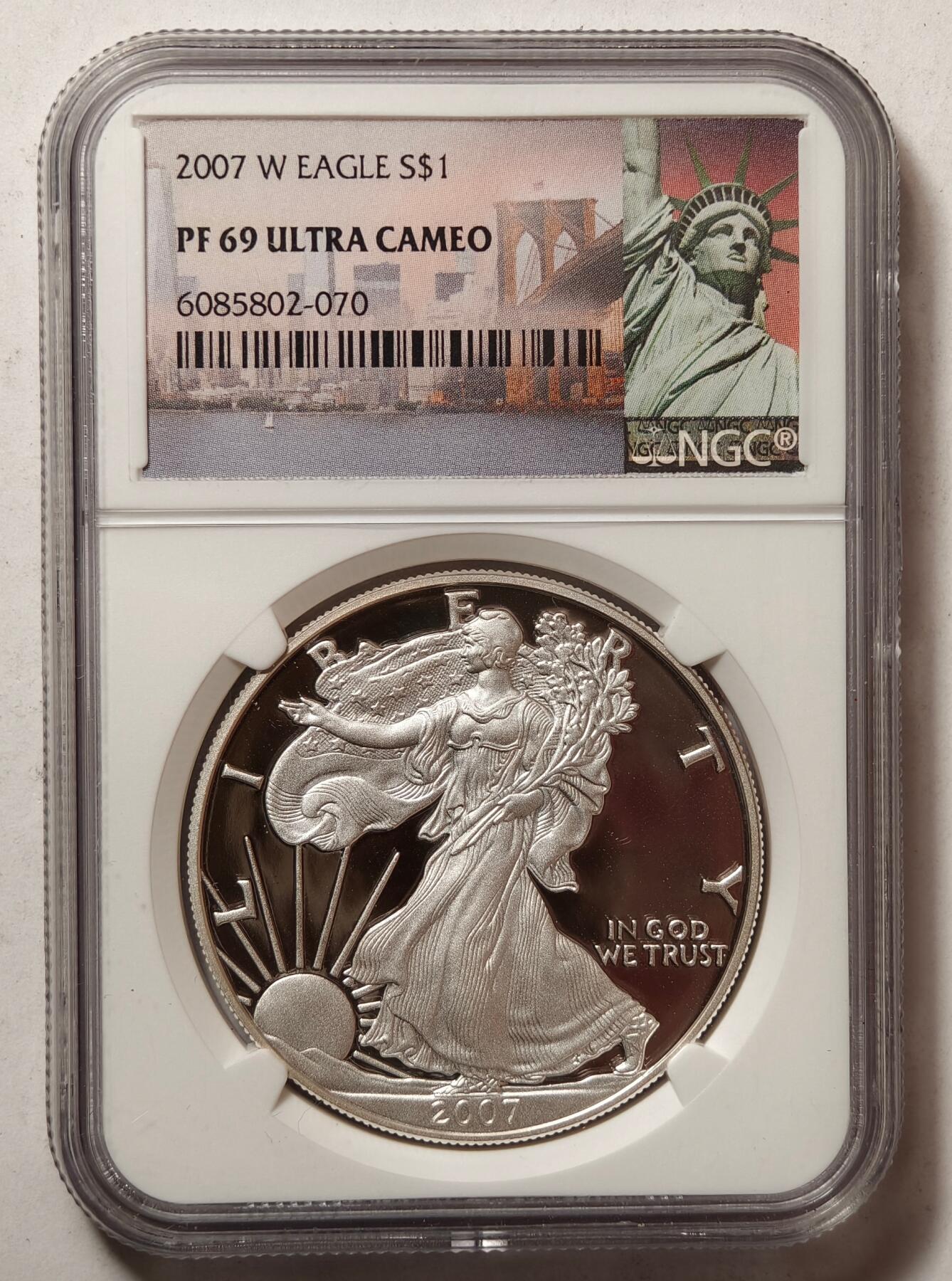 紫瑗钱币——第480期 美国 2007年 W版 行走女神 1盎司 投资银币 NGC PR69 UC 精制
