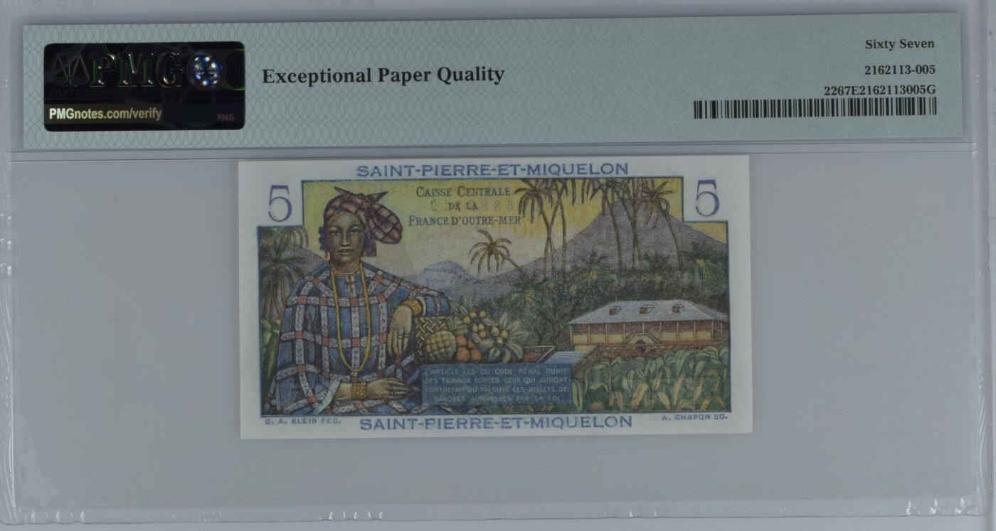 收藏联盟Quantum Auction 第385期拍卖  圣皮埃尔和密克隆ND (1950-60)年5法郎 PMG67 号码无4