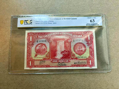 【Blue Auction】✨世界纸币精拍第564期【精】 - 英属圭亚那 1942年1元 大瀑布 英王乔六 雕刻精美 W&S出品 PCGS63  全新品相少见