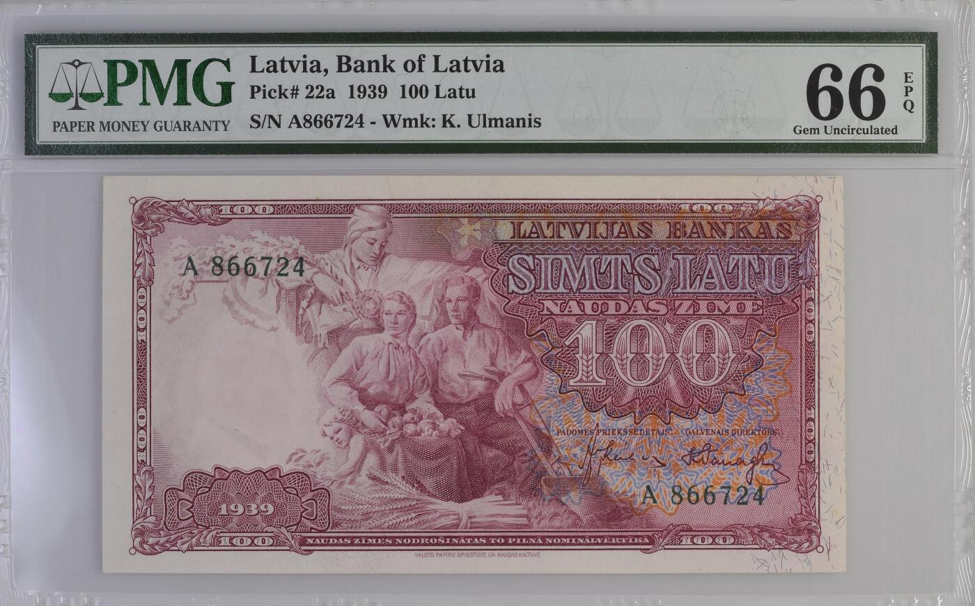 收藏联盟Quantum Auction 第386期拍卖  拉脱维亚1939年100拉图首发A冠  PMG66