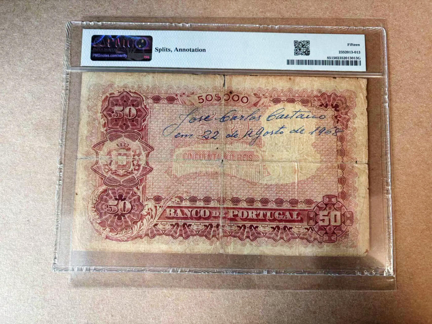 【Blue Auction】✨世界纸币精拍第565期【精】 【无47】葡萄牙 早期 1910年50Mil 瑞斯 PMG15 大票幅 设计精美