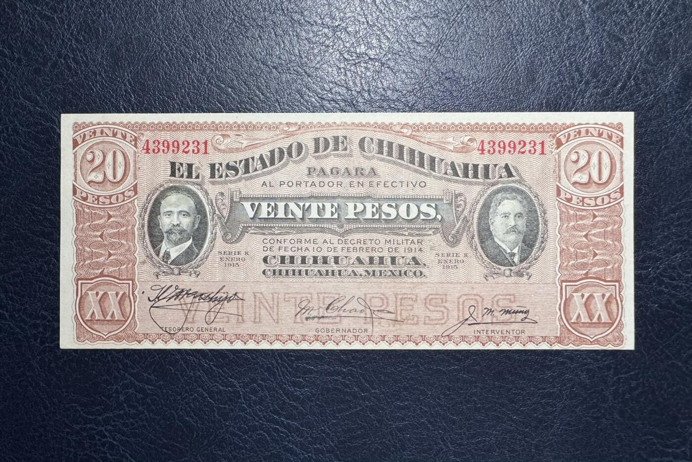 收藏联盟Quantum Auction 第386期拍卖  墨西哥芝华华1915年20比索 品相UNC 边角微瑕 带签实钞