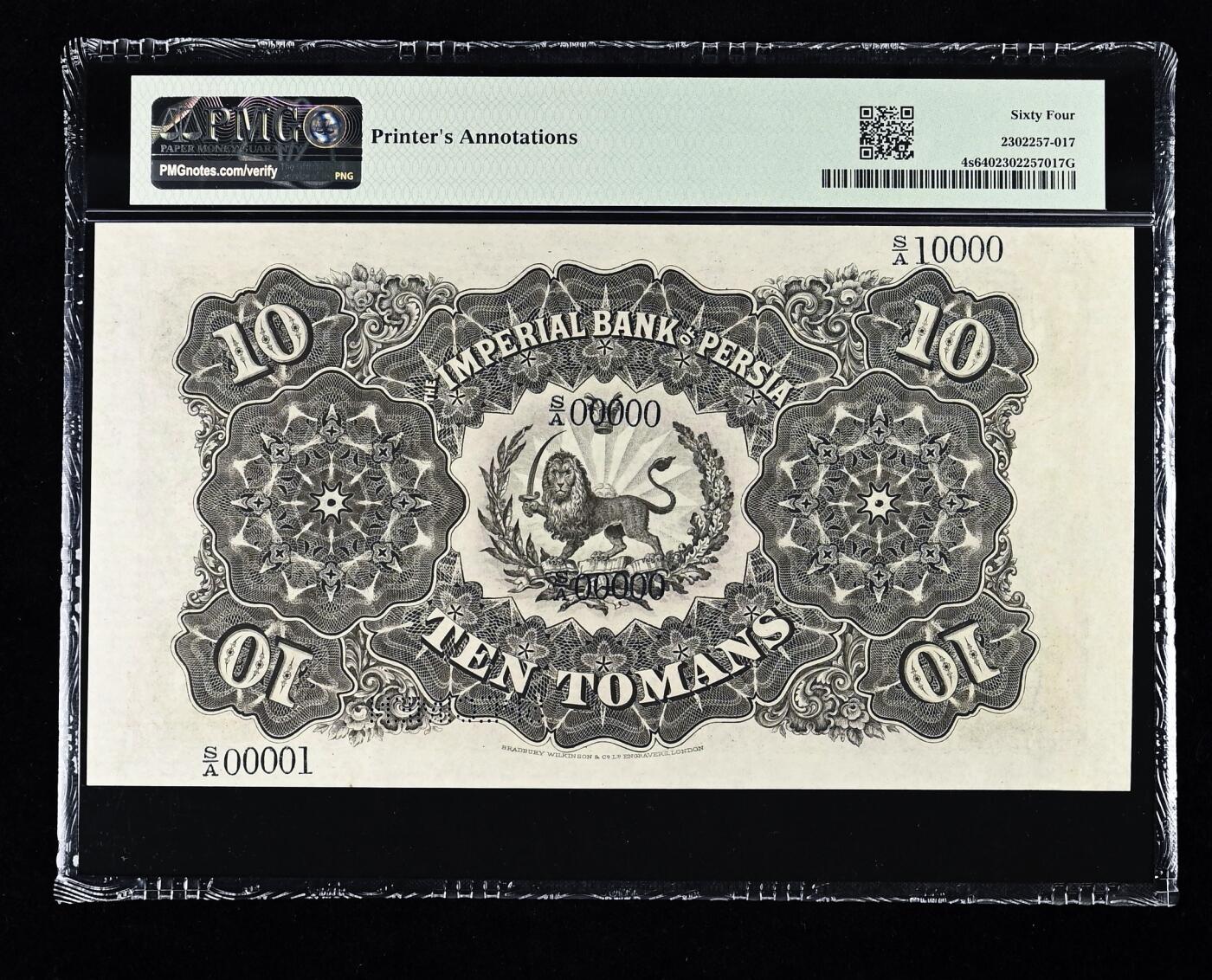 【Blue Auction】✨世界纸币精拍第565期【精】 【珍品 冠军分 高值罕见 超大票幅】波斯帝国 百年风云 1890-1923年（手写标注1910年） 少见10Tomans(当时与金币币值挂钩 如图所示）视觉效果震撼 小花的底纹设计精美 让人悦目 BWC出品雕刻精美 狮子拿大刀 国王纳赛尔丁·沙 是恺加王朝在位时间最长的君主 实钞冠军仅25分仅3个记录 该面值样钞能达到全新品相也是凤毛麟角 非常值得收藏的一张 历史价值很高 PMG64 