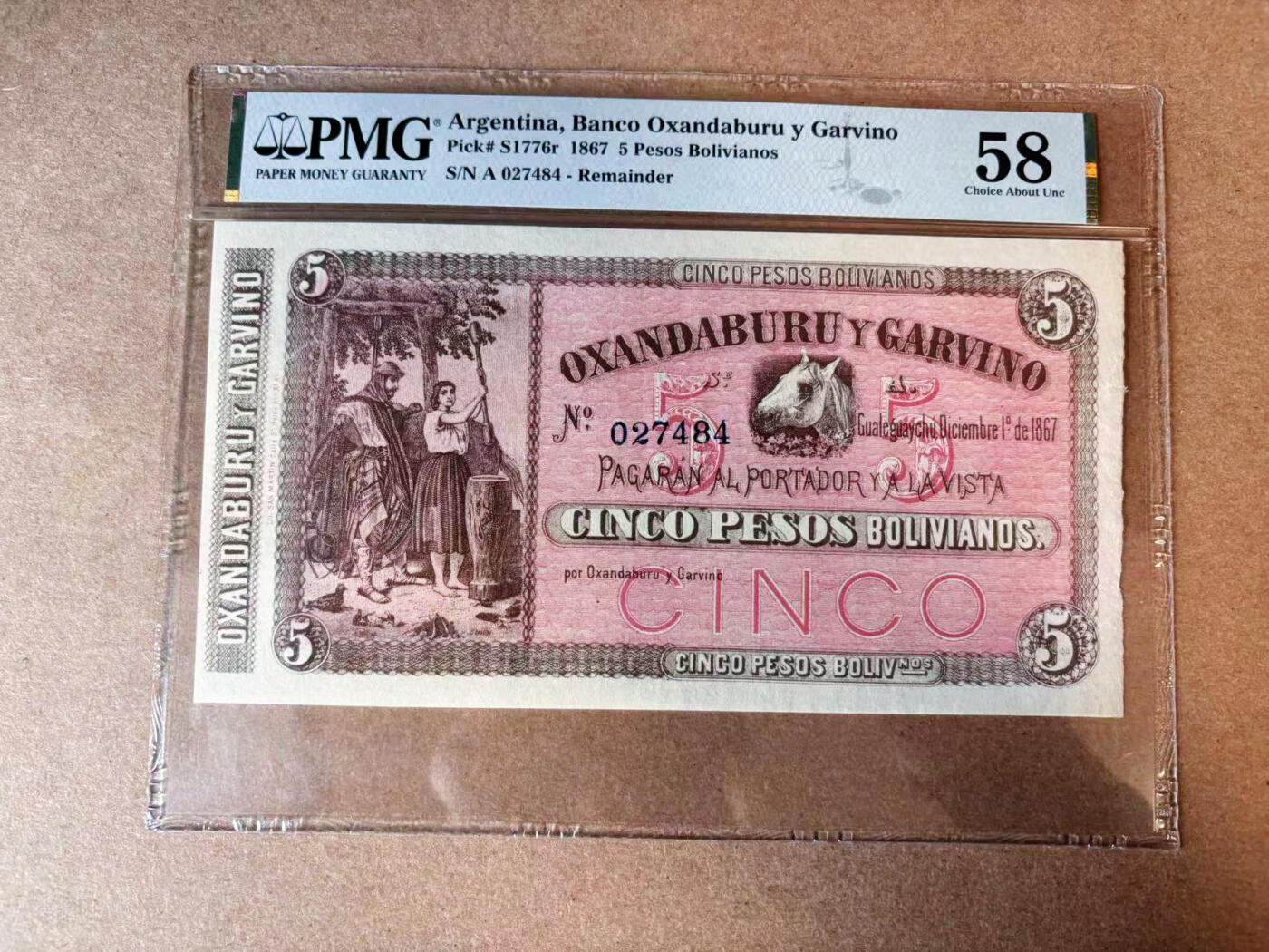 【Blue Auction】✨世界纸币精拍第565期【精】 阿根廷 1867年5比索 PMG58 大票幅 