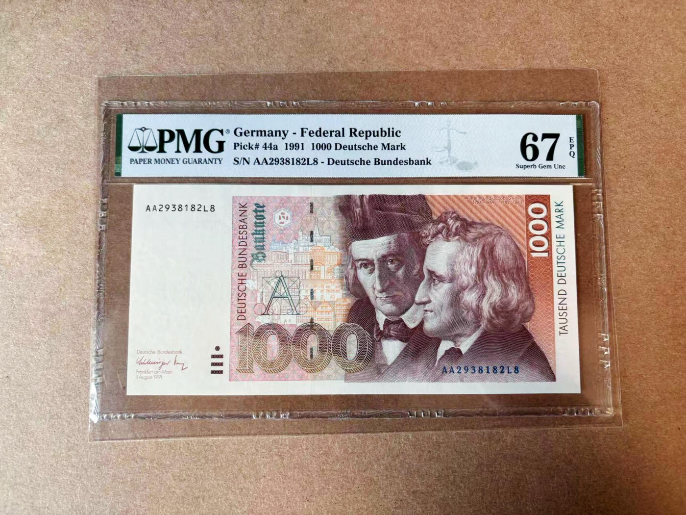【Blue Auction】✨世界纸币精拍第565期【精】 【AA无47】德国 1991年1000马克 格林兄弟 PMG67EPQ 高分 