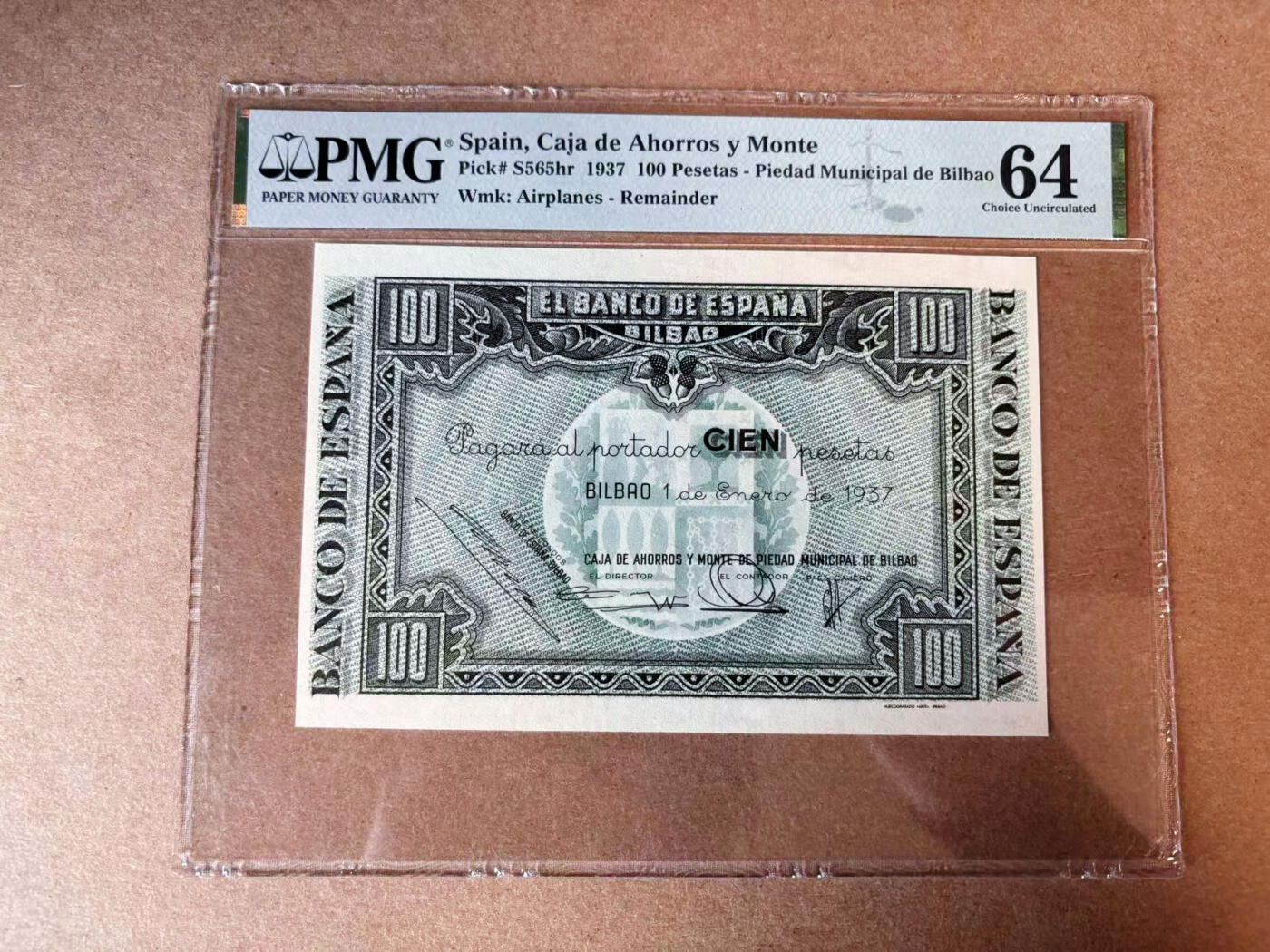 【Blue Auction】✨世界纸币精拍第565期【精】 西班牙 1937年100比塞塔 PMG64