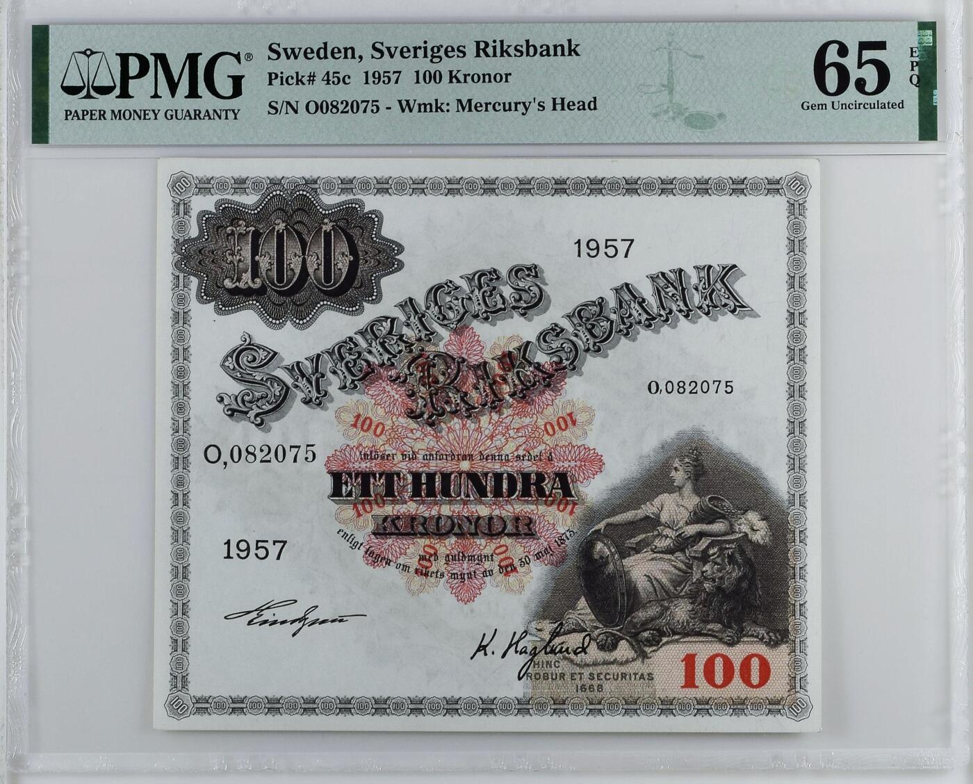 【Blue Auction】✨世界纸币精拍第565期【精】 瑞典 1957年100克朗 大方块 PMG65EPQ 