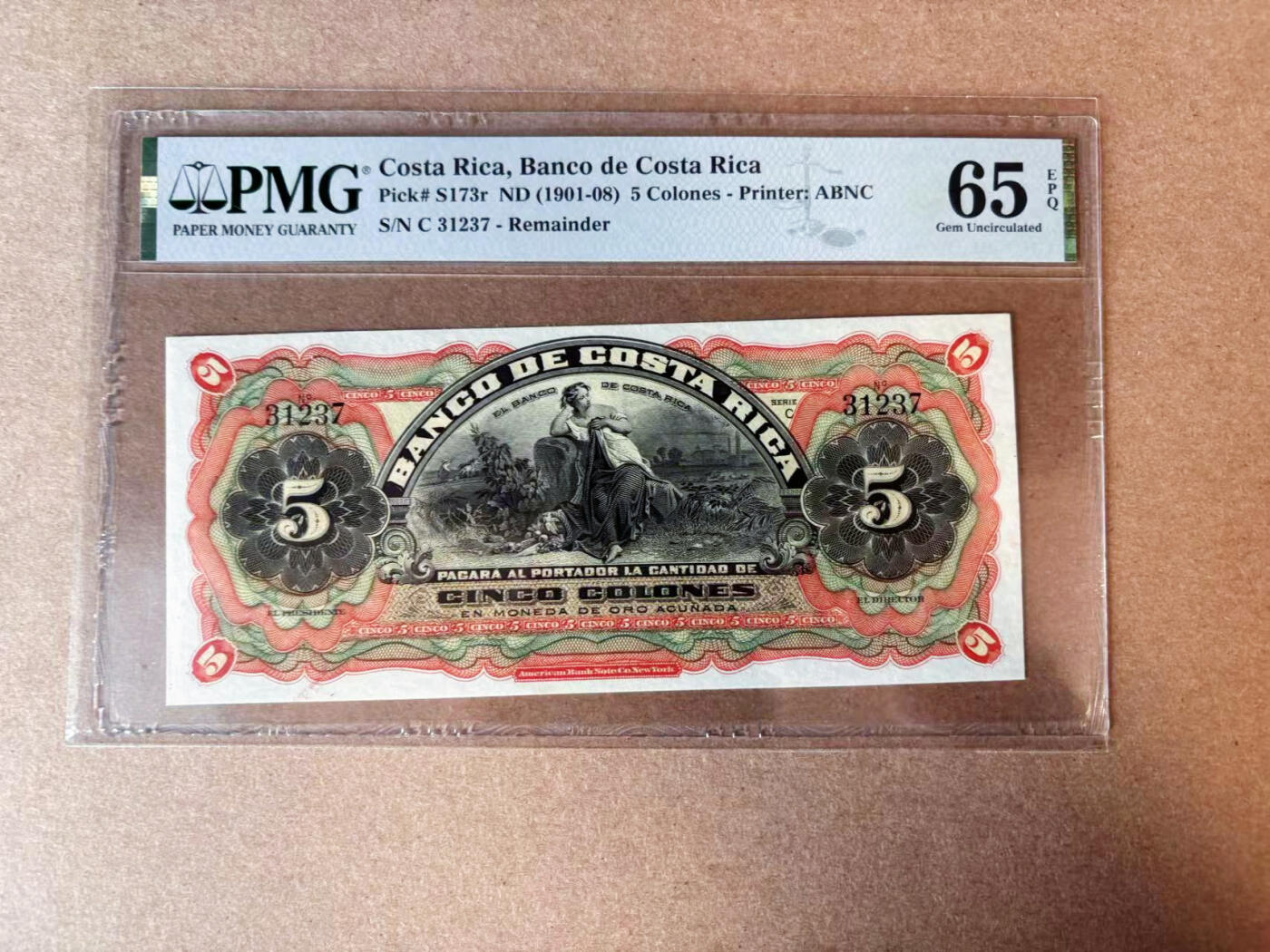 【Blue Auction】✨世界纸币精拍第565期【精】 哥斯达黎加 1901-08年5克朗 ABNC出品 PMG65EPQ 