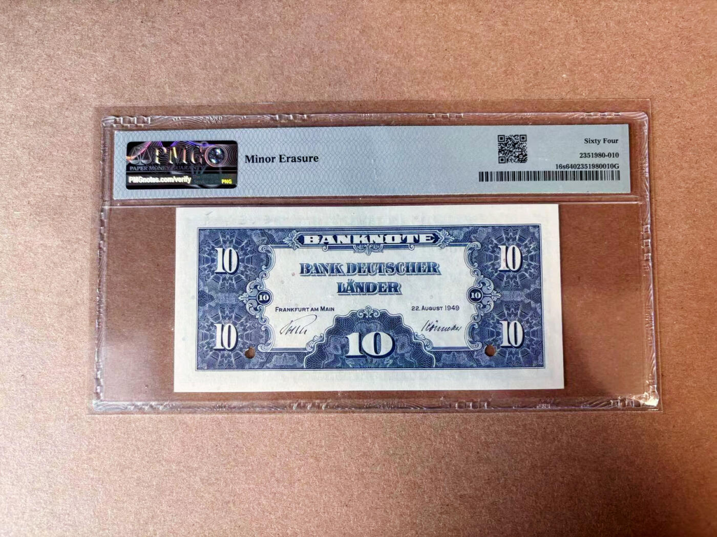 【Blue Auction】✨世界纸币精拍第565期【精】 【样钞】德国 1949年10马克 ABNC出品 PMG64