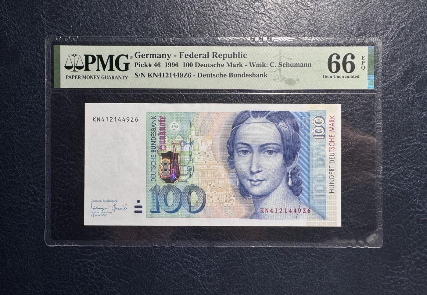 收藏联盟Quantum Auction 第386期拍卖  德国联邦1996年100马克 PMG66 钢琴家克拉拉舒曼