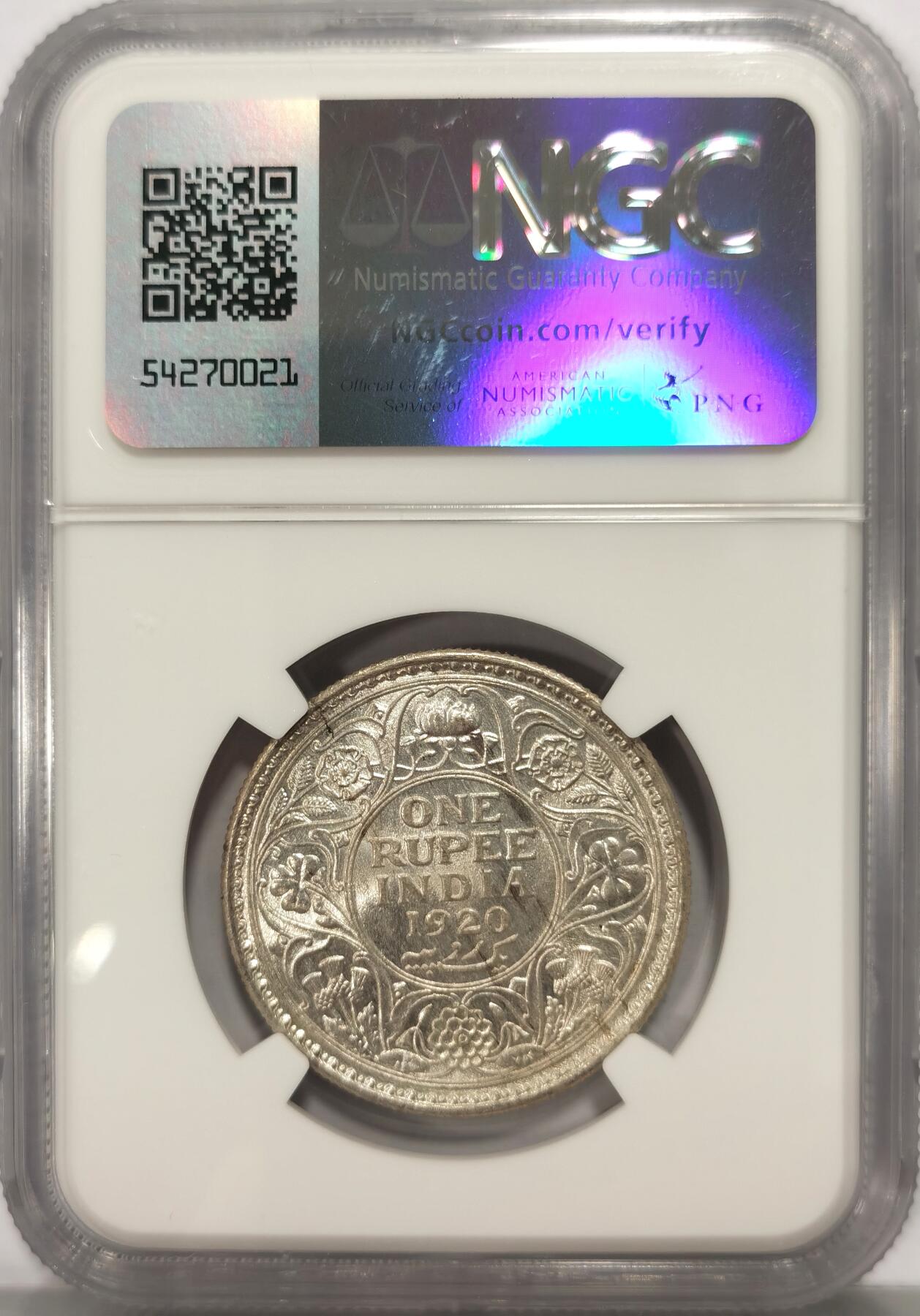 博洋堂世界钱币拍卖第097期（全场包邮） NGC MS63 英属印度1920年1卢比银币C版 乔治五世 卷拆转光品相 值得收藏