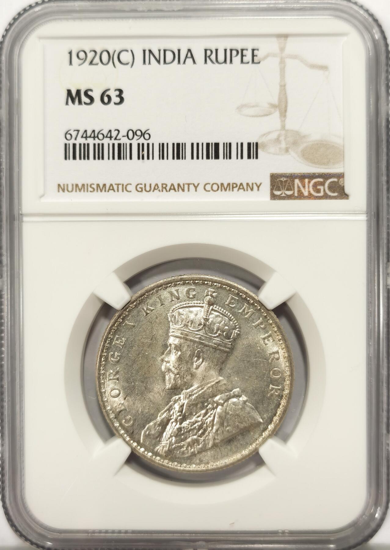 博洋堂世界钱币拍卖第097期（全场包邮） NGC MS63 英属印度1920年1卢比银币C版 乔治五世 卷拆转光品相 值得收藏
