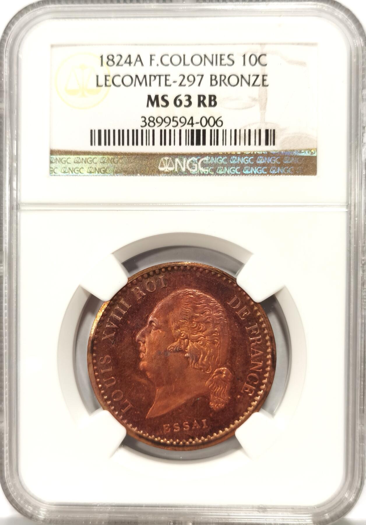 博洋堂世界钱币拍卖第097期（全场包邮） NGC MS63RB 法国1824年路易十八10分铜币Essai样币，冠军分！