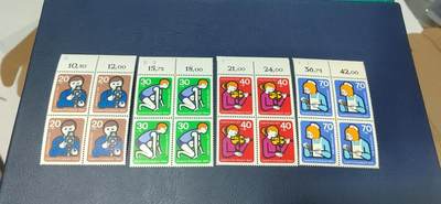 🔥套票🔥德国邮票专场，都是四方联套票 - 德国邮票  四方联一套，1974年发行，国际青少年  工作青年4全，品相如图