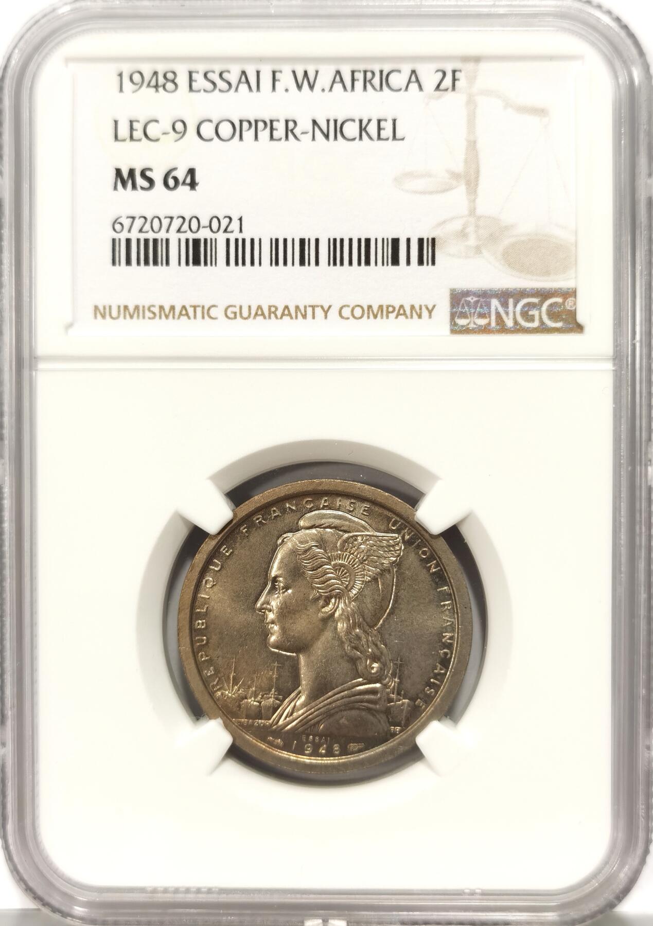 博洋堂世界钱币拍卖第097期（全场包邮） NGC MS64 法属西非1948年2法郎铜镍样币，发行2000枚，有lec9和lec8两个版本，更高分仅有两枚。