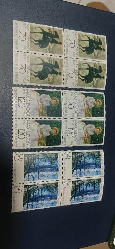 🔥套票🔥德国邮票专场，都是四方联套票 - 德国邮票四方联一套，1978年发行，西德  印象派绘画三全，品相如图