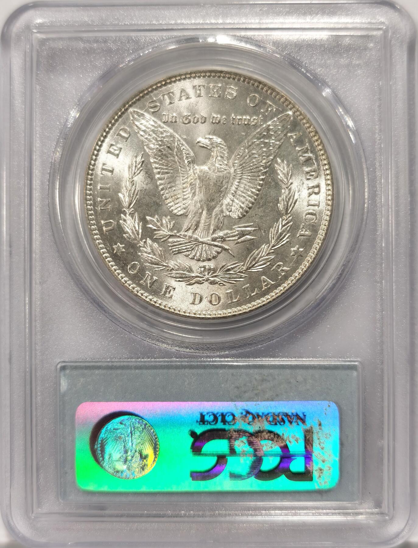 博洋堂世界钱币拍卖第097期（全场包邮） 1887年美国摩根银币P版PCGS-MS63，原汁原味老包浆，包浆醇厚，打制精美。币面清爽干净又漂亮，状态极佳。PC老盒严评无官网图，盒子正面上方有一小缺。