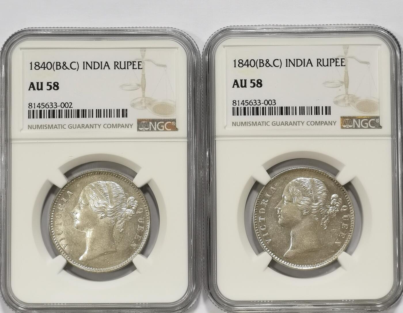 博洋堂世界钱币拍卖第097期（全场包邮） NGC AU58 英属东印度公司1840年维多利亚双辫版1卢比银币2枚一对