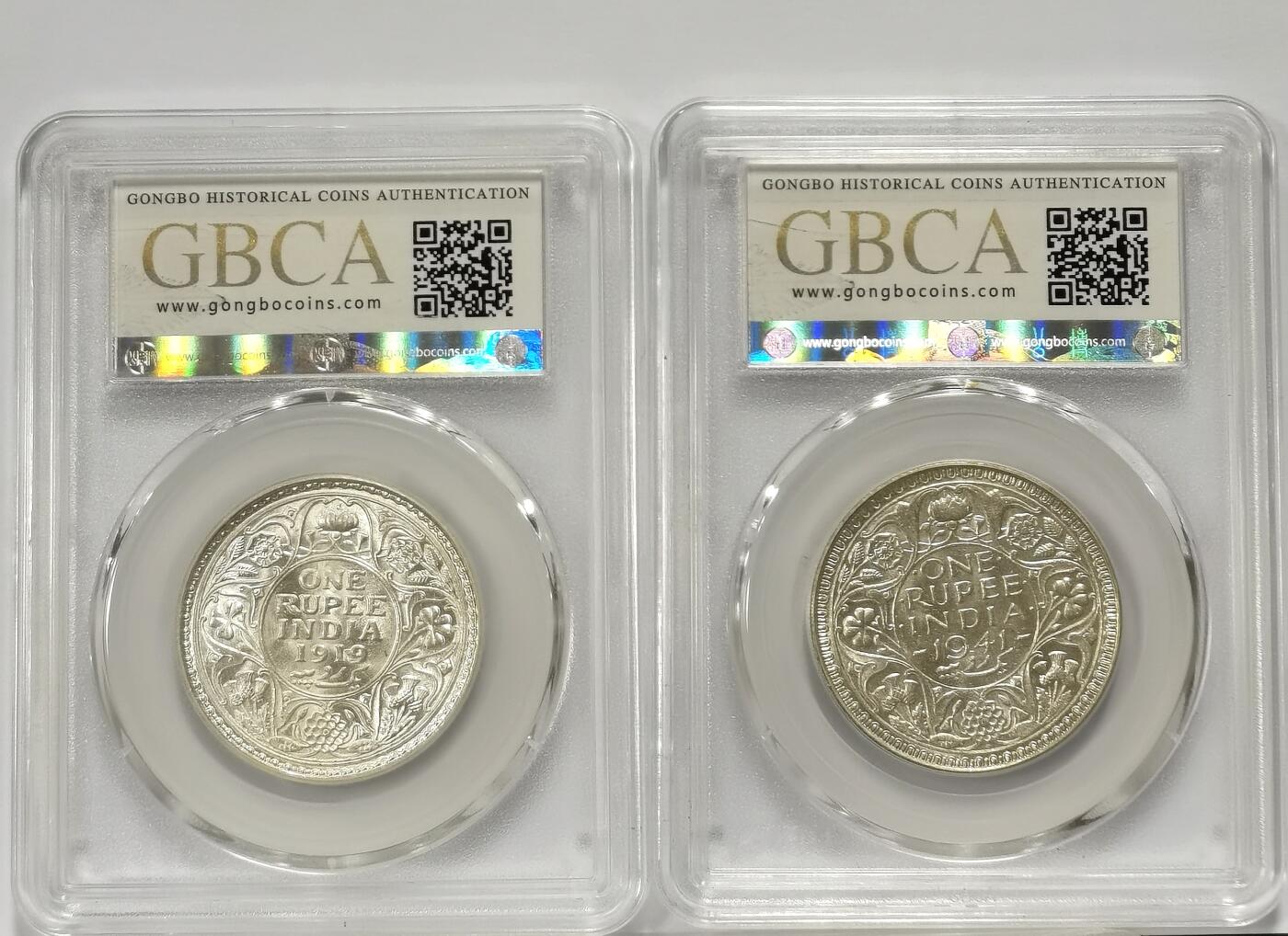 博洋堂世界钱币拍卖第097期（全场包邮） 公博 MS64+ 英属印度1919年乔治五世、1941年乔治六世1卢比银币2枚一对