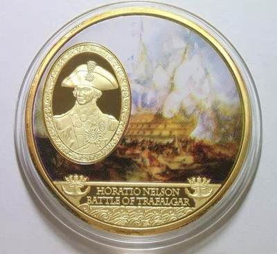 英国特拉法加海战 纳尔逊+胜利号高浮雕精制彩色大镀金章 50MM - 英国特拉法加海战 纳尔逊+胜利号高浮雕精制彩色大镀金章 50MM