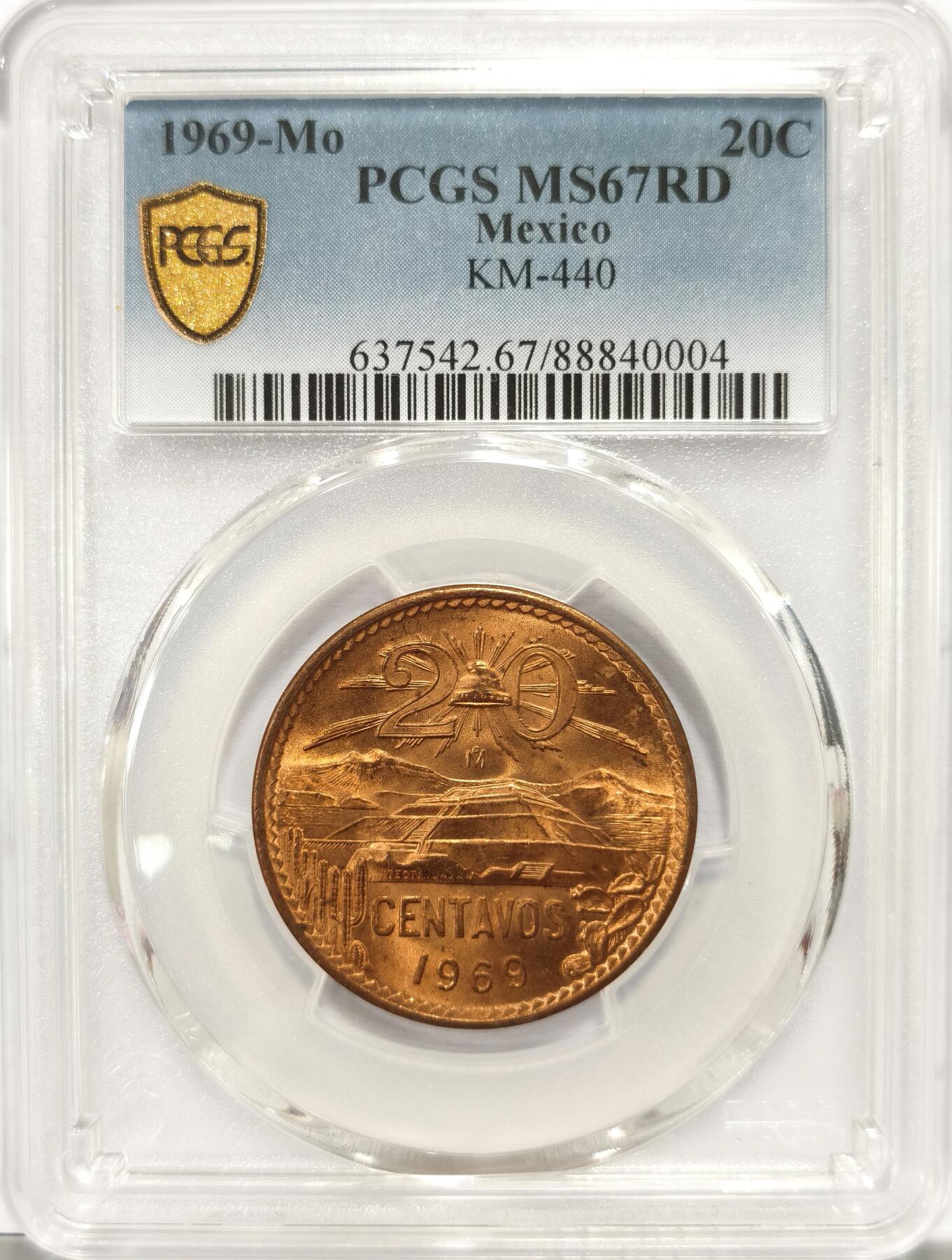 博洋堂世界钱币拍卖第097期（全场包邮） PCGS MS67RD 墨西哥1969年20分鹰洋铜币，顶级RD状态，仅有1枚更高分