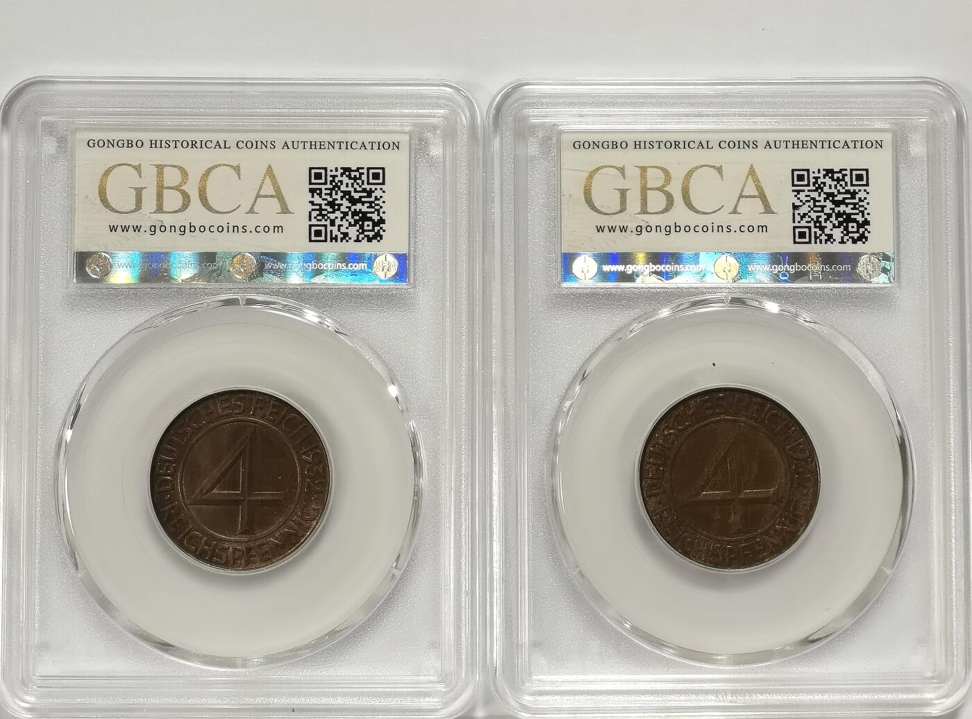 博洋堂世界钱币拍卖第097期（全场包邮） 公博 MS61BN/MS62RB 德国1932年4芬尼铜币2枚一对