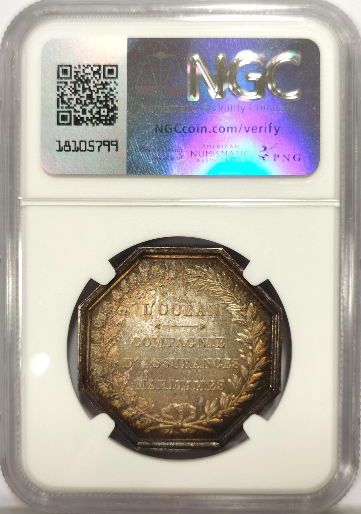博洋堂世界钱币拍卖第097期（全场包邮） NGC MS62 法国八角名誉品 窖藏彩黑金 河神贝壳款 边铭丰饶角 稀有  著名八角封面章