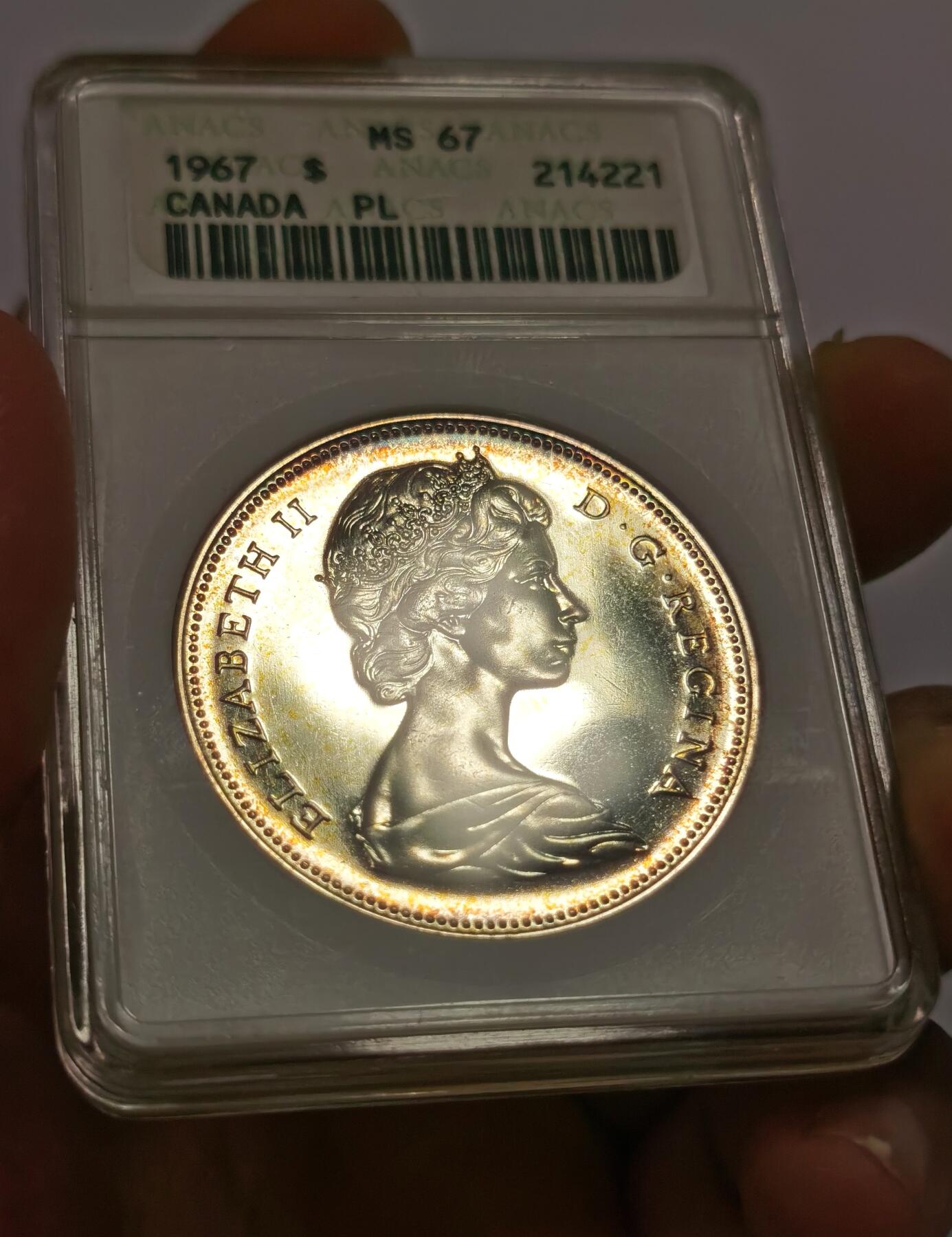 博洋堂世界钱币拍卖第097期（全场包邮） ANACS MS67PL 加拿大1967年1加元加拿大鹅银币，加拿大百年纪念币，少见高分，少见小白盒