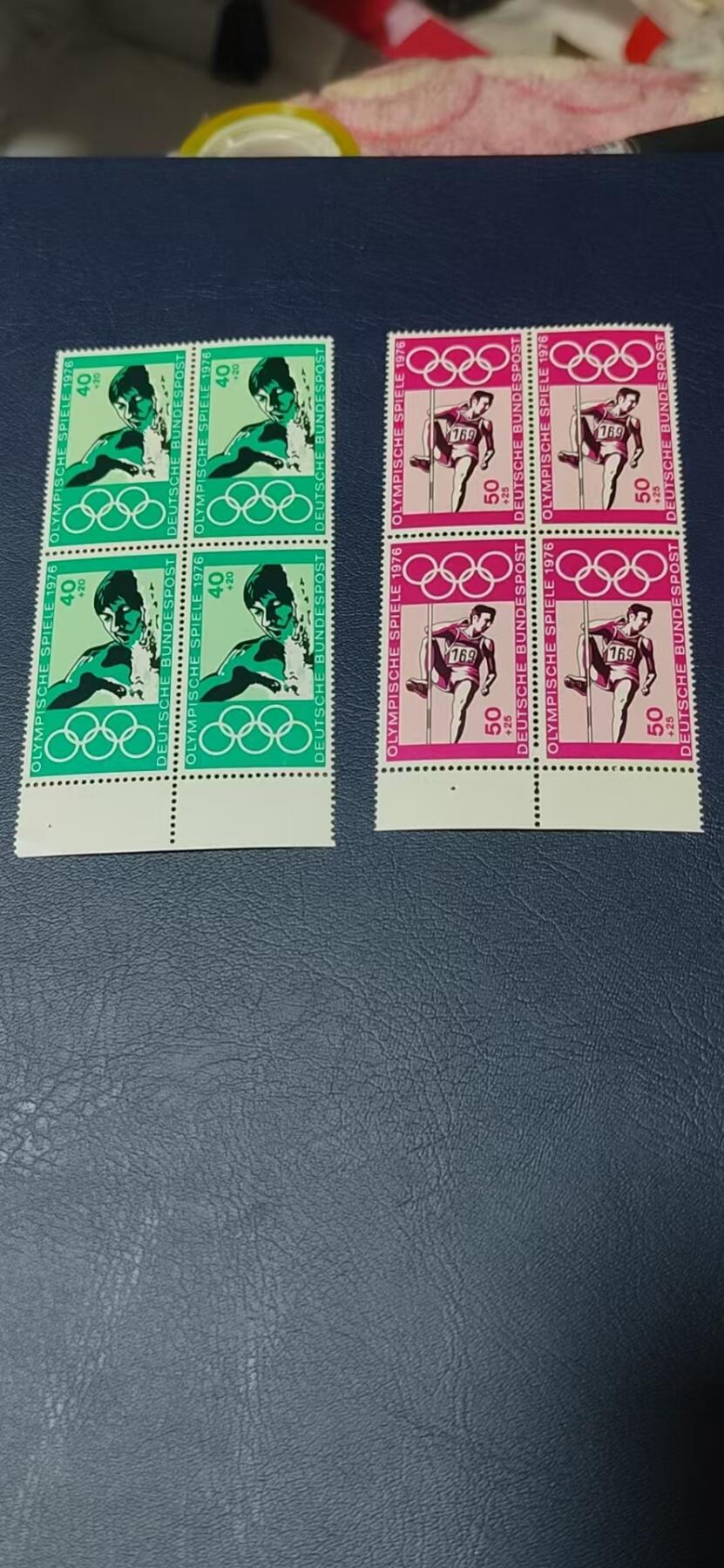 德国邮票专场，都是四方连套票！版别多多！ 德国  四方联邮票一套，1976年发行：第21届奥运会  游泳和跳高2全，品相如图
