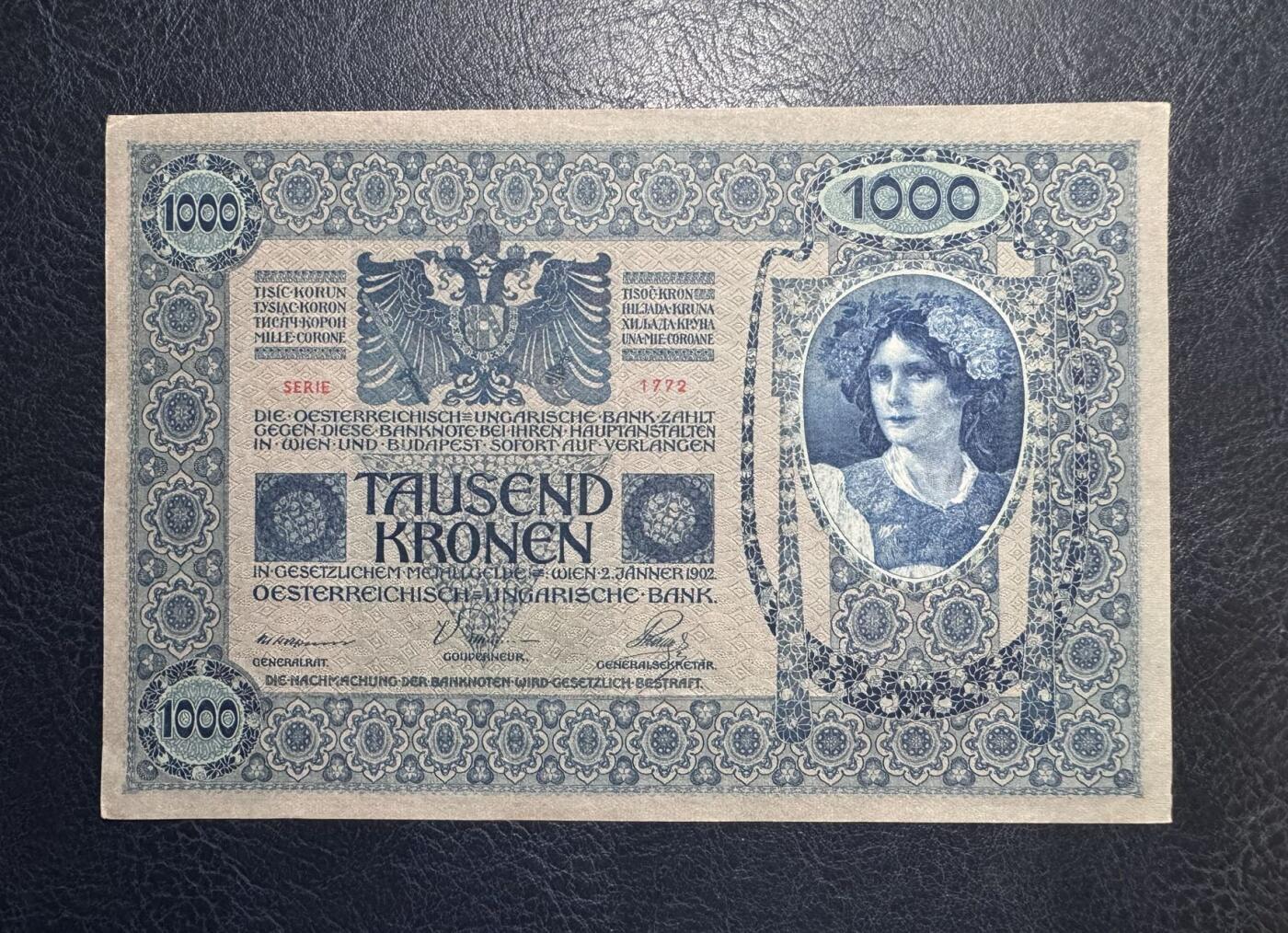 收藏联盟Quantum Auction 第387期拍卖  奥匈帝国加盖奥地利1902年1000克朗 品相UNC-