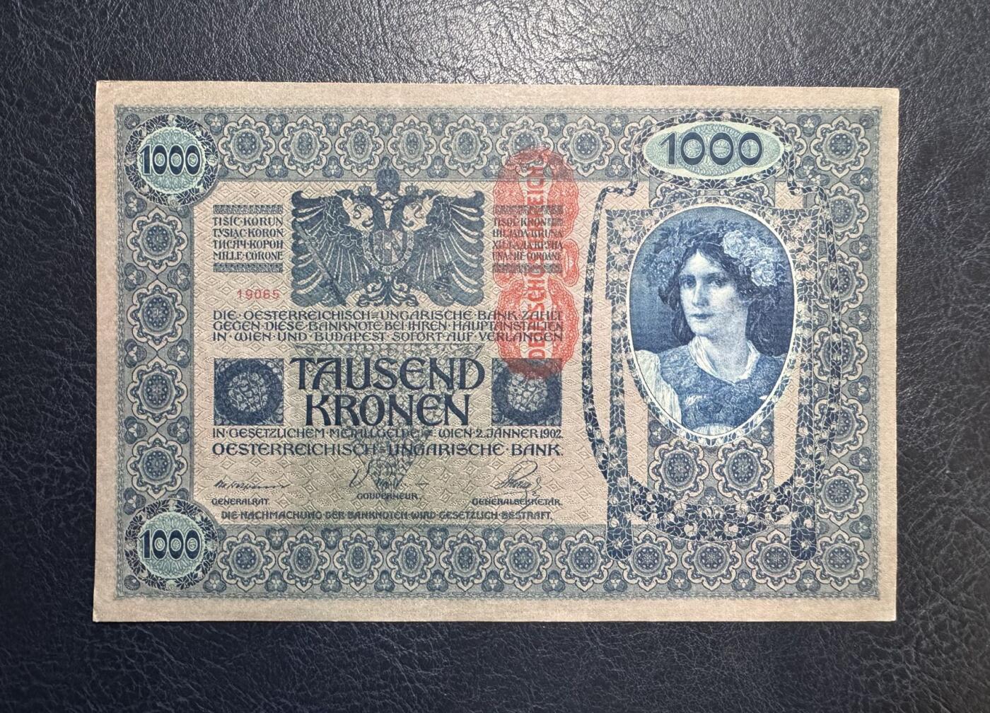 收藏联盟Quantum Auction 第387期拍卖  奥匈帝国加盖奥地利1902年1000克朗 品相UNC-