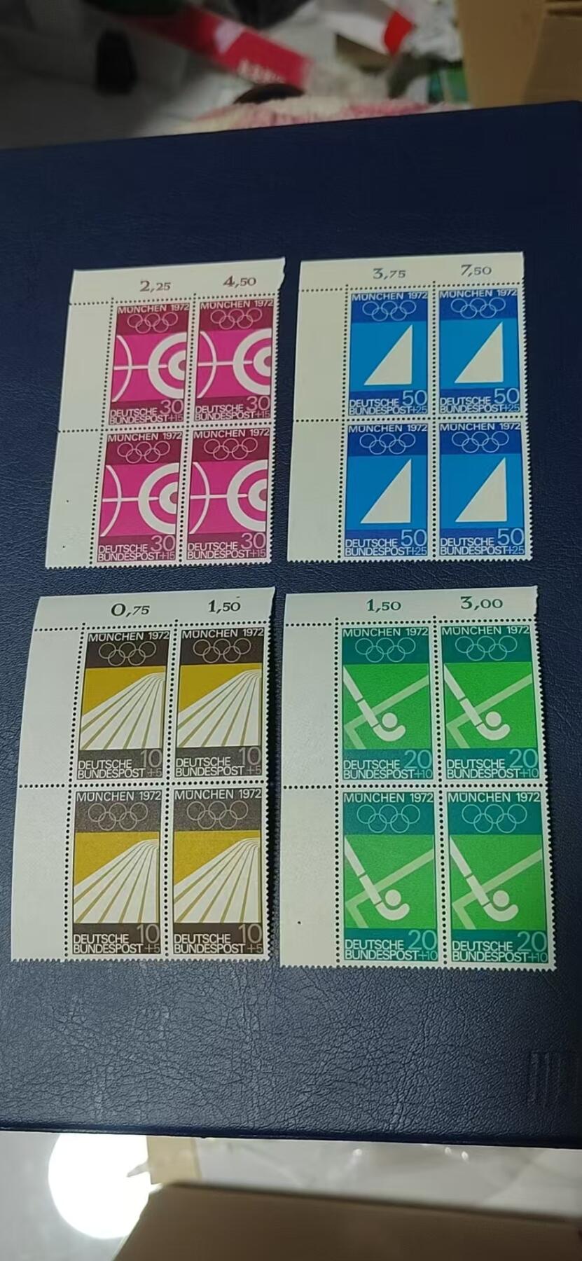 德国邮票专场，都是四方连套票！版别多多！ 德国邮票四方联一套，1969年发行，  第20届慕尼黑奥运会4全，品相如图