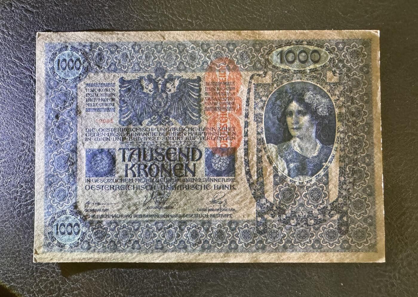 收藏联盟Quantum Auction 第387期拍卖  奥匈帝国加盖奥地利1902年1000克朗 品相UNC-