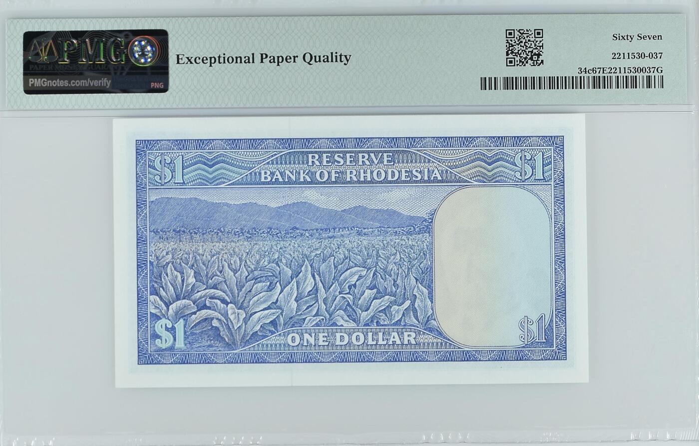 收藏联盟Quantum Auction 第387期拍卖  罗得西亚1978年1元 PMG67 号码无4 烟草田